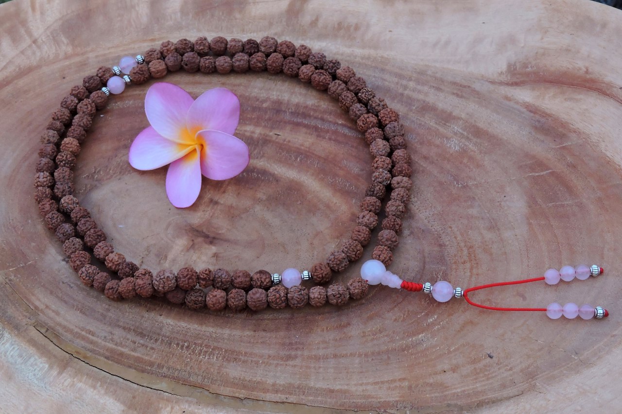 Rudraksha 108 Mala with Rose Quartz Spacers