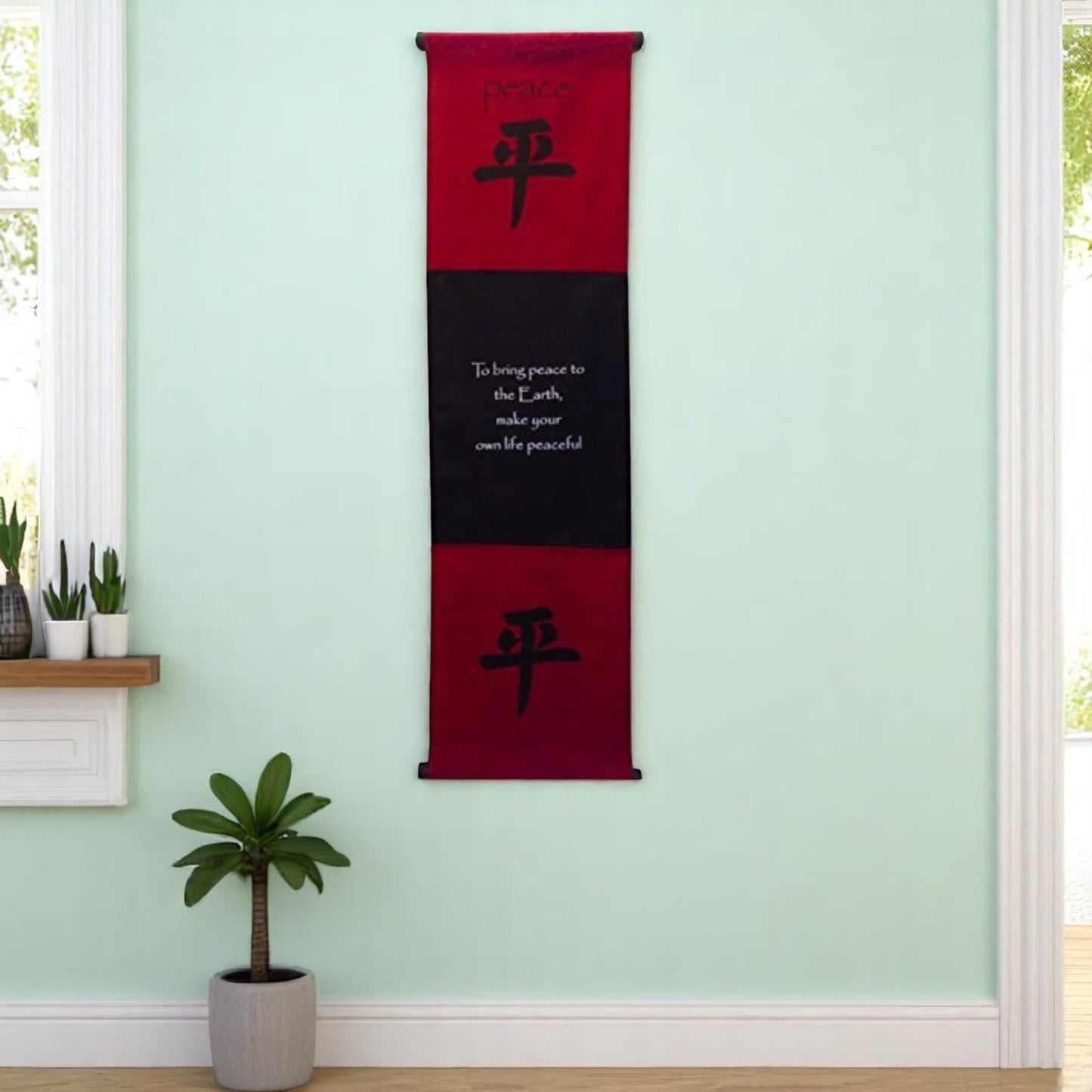 Large Cotton Peace Inspirational Yoga Banner Scroll Style (Burgundy)