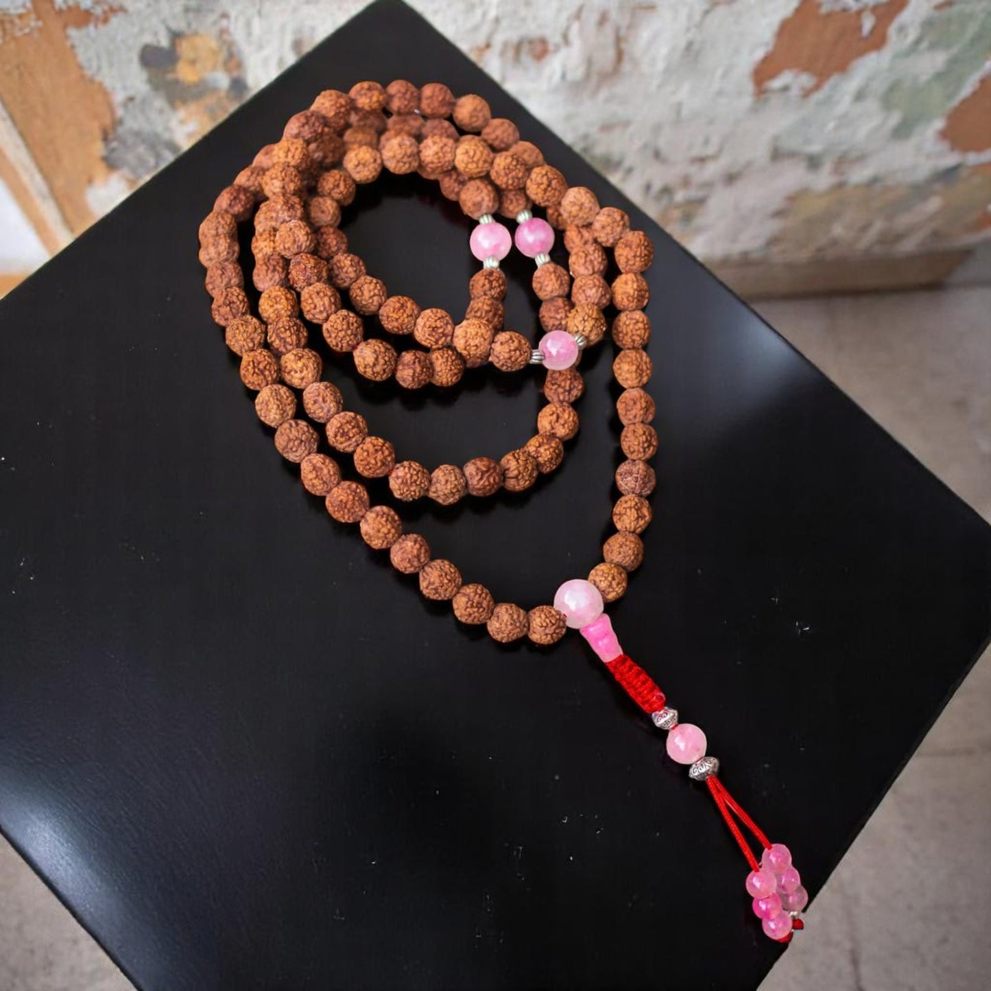Rudraksha 108 Mala with Rose Quartz Spacers