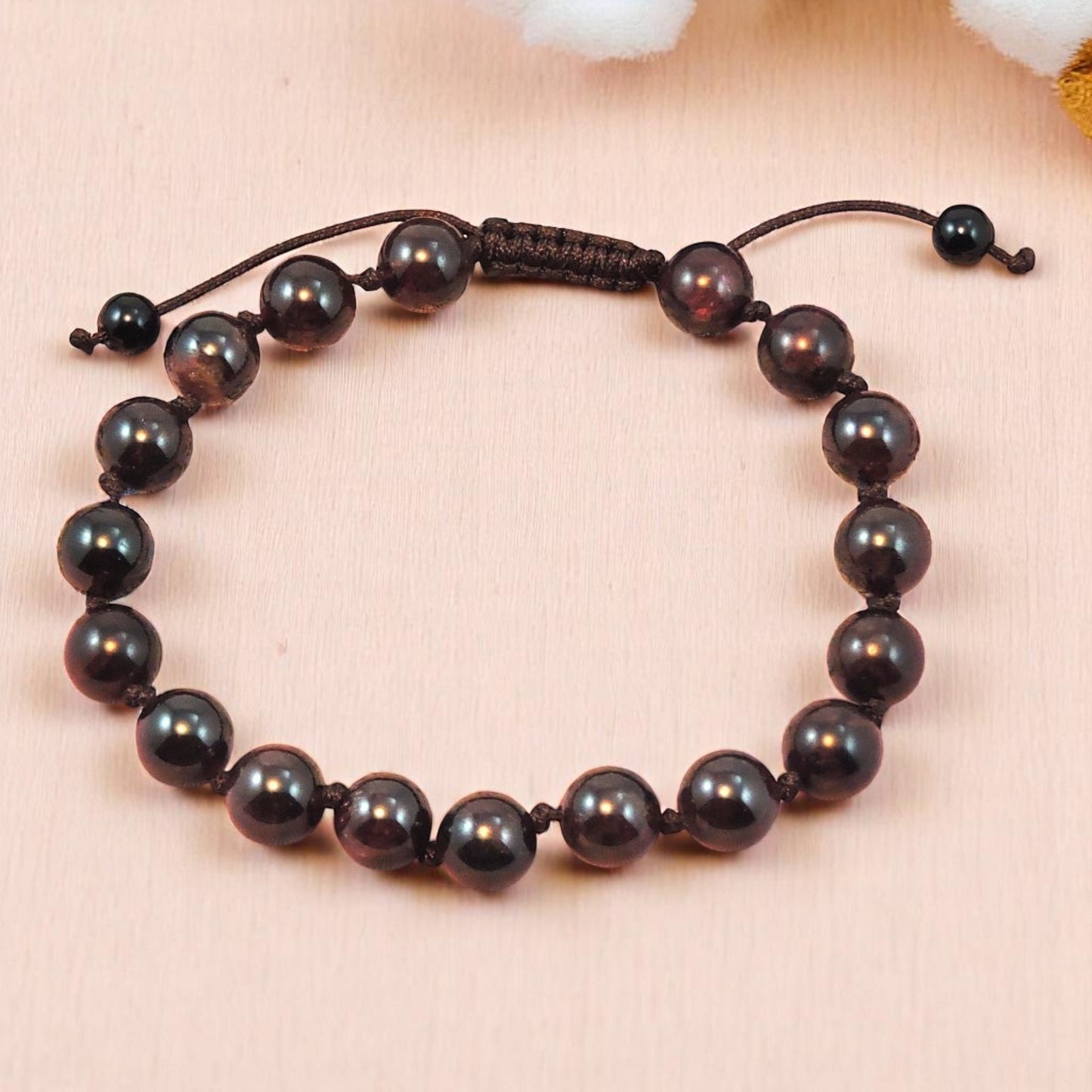 Tibetan individually knotted adjustable wrist mala bracelet Garnet brown cord
