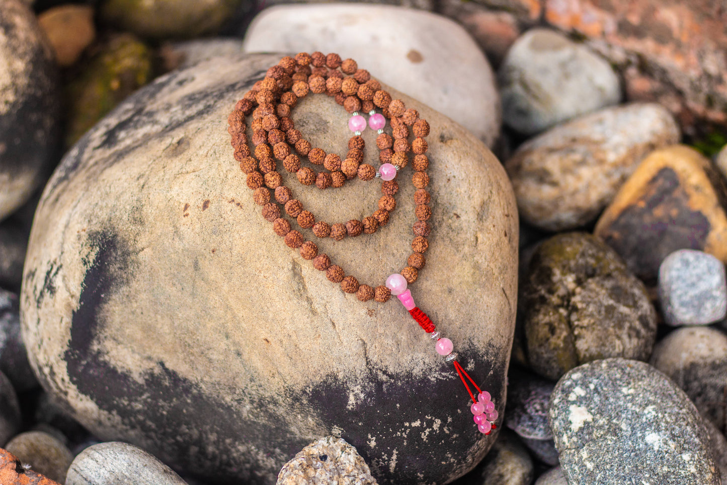 Rudraksha 108 Mala with Rose Quartz Spacers