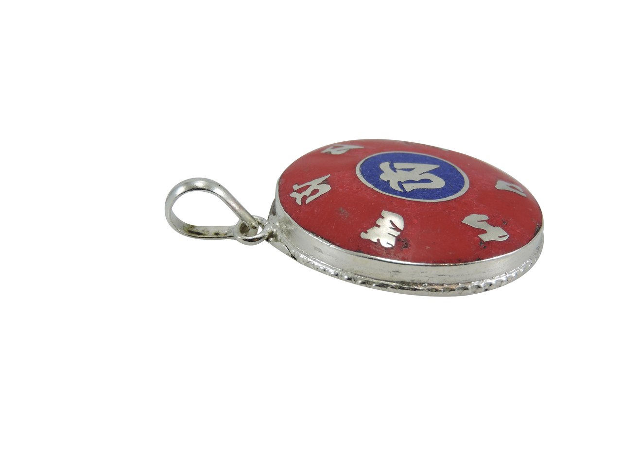 Handmade Tibetan Om Mani Coral and Lapis Pendant