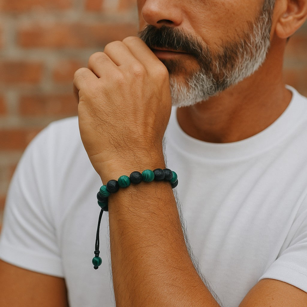 Lava and Malachite Wrist Mala Bracelet for Meditation