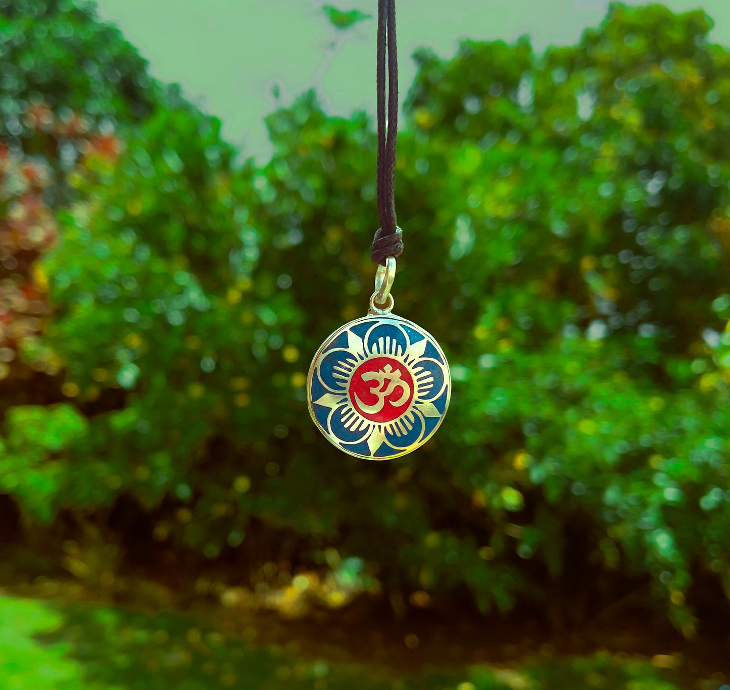 Handmade Tibetan Turquoise, Coral, Lapis Om Pendant from Nepal (Flower Om)