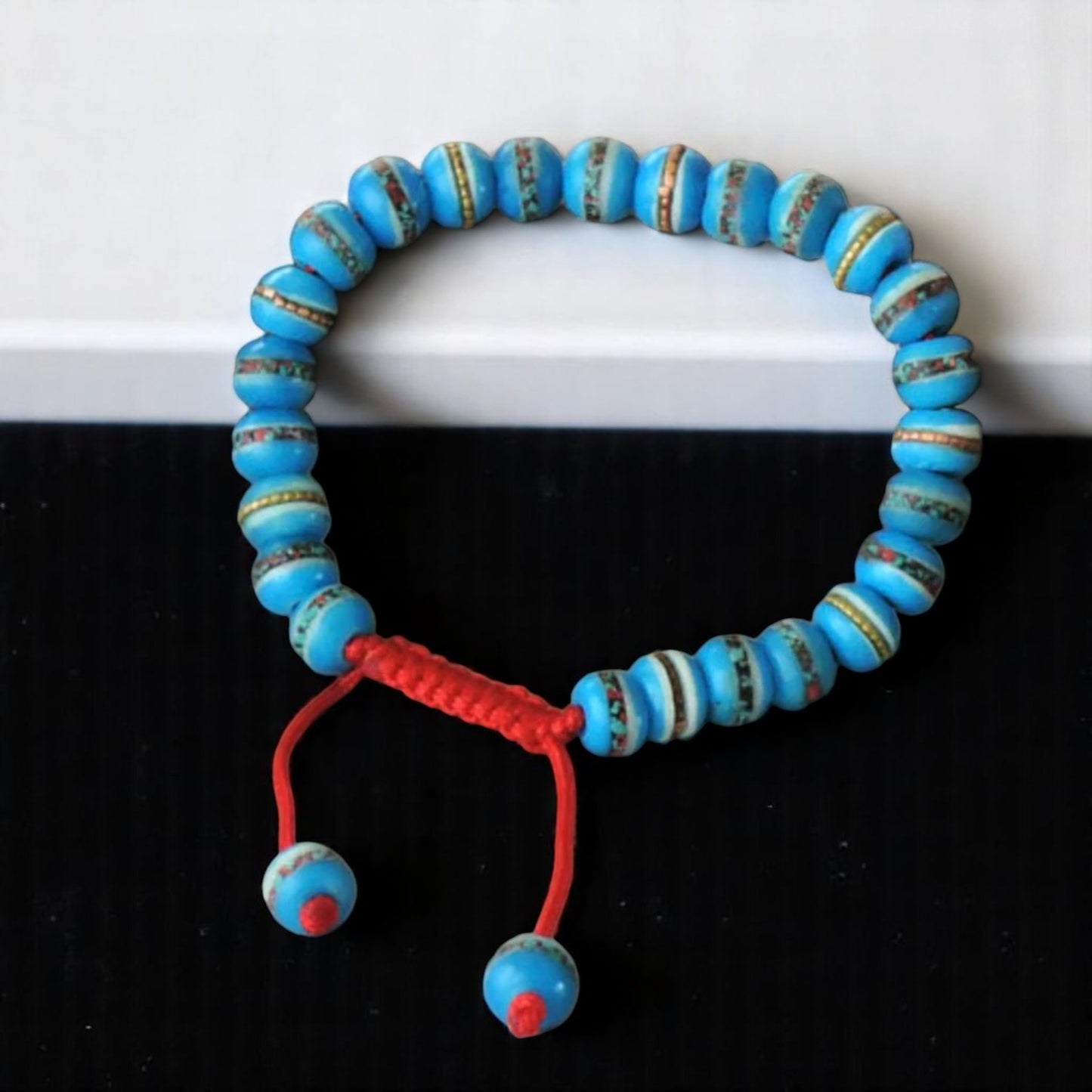 Tibetan Embedded Yak Bone Medicine Healing Wrist Mala for Meditation - Sky Blue