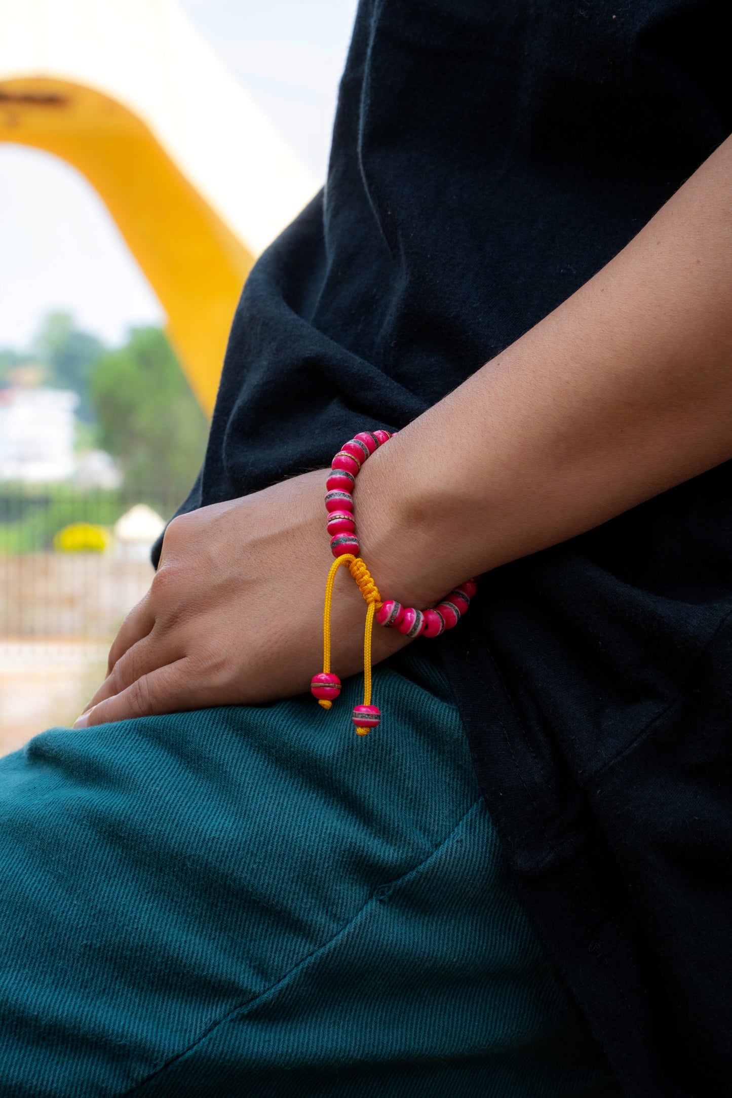 Embedded Medicine Bracelet Yoga Healing Beads Adjustable Wrist Mala Fuchsia Pink