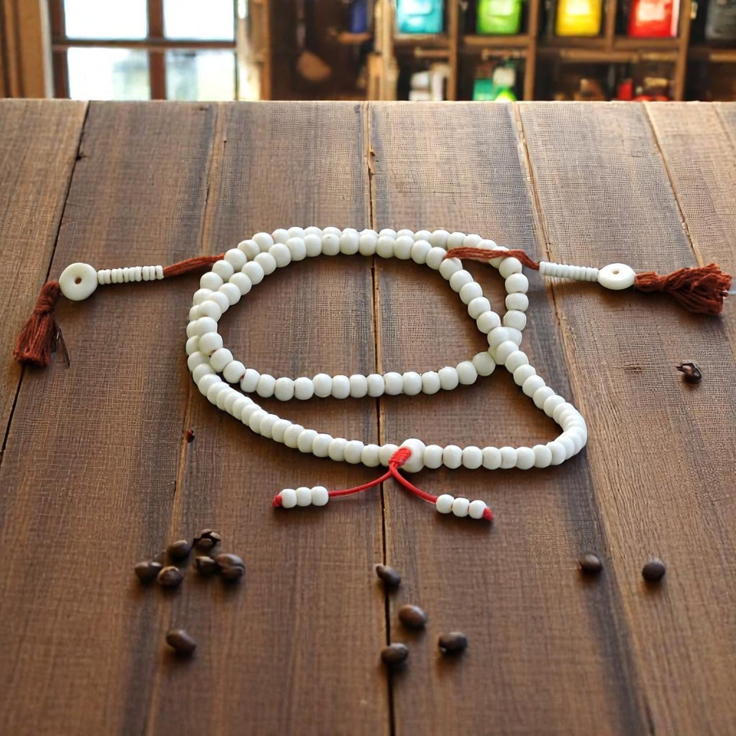 White Yak Bone Tibetan 108 Bead Mala 108 with Bone Counters