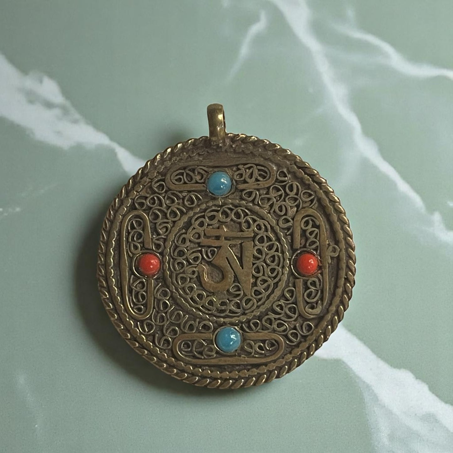 Handmade Tibetan Two Sided Brass Om Pendant (with Double Dorje)