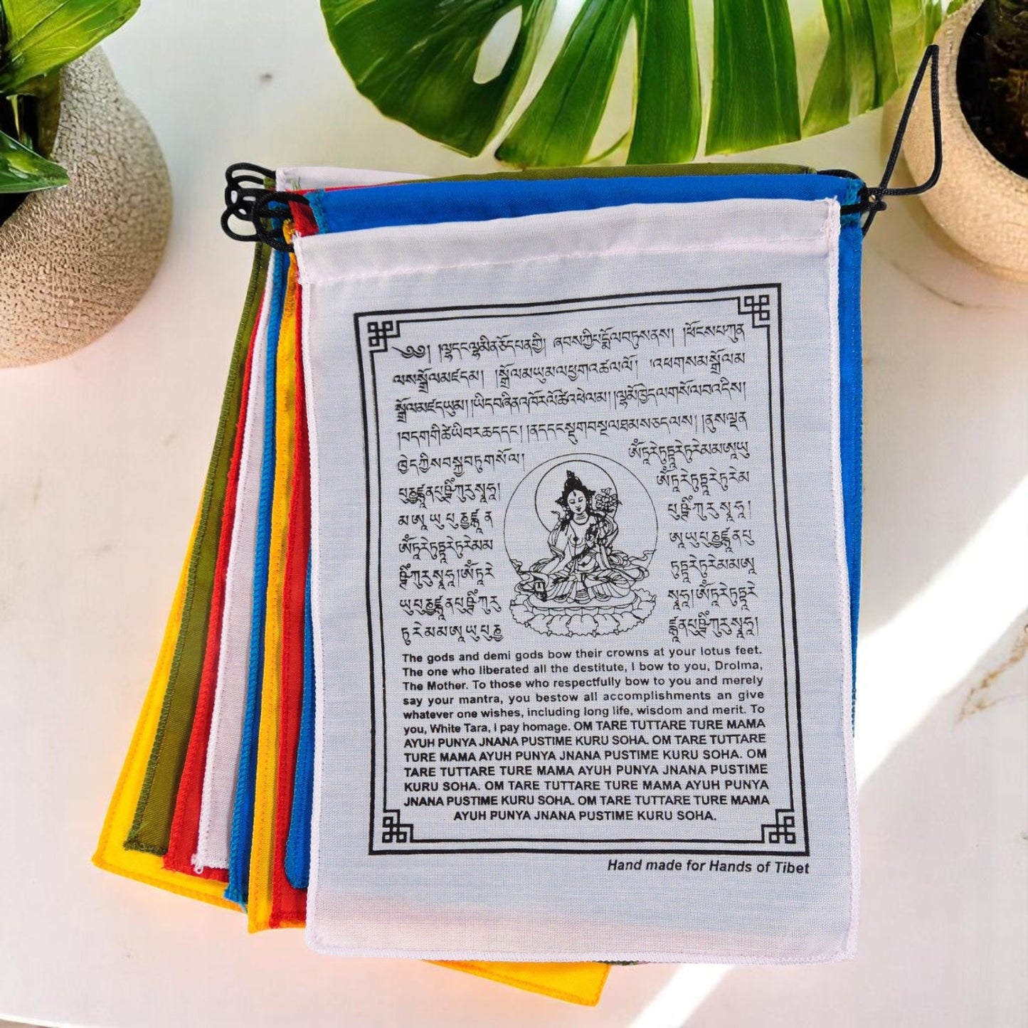Handmade White Tara Prayer Flags with English Translation ( 9X12)