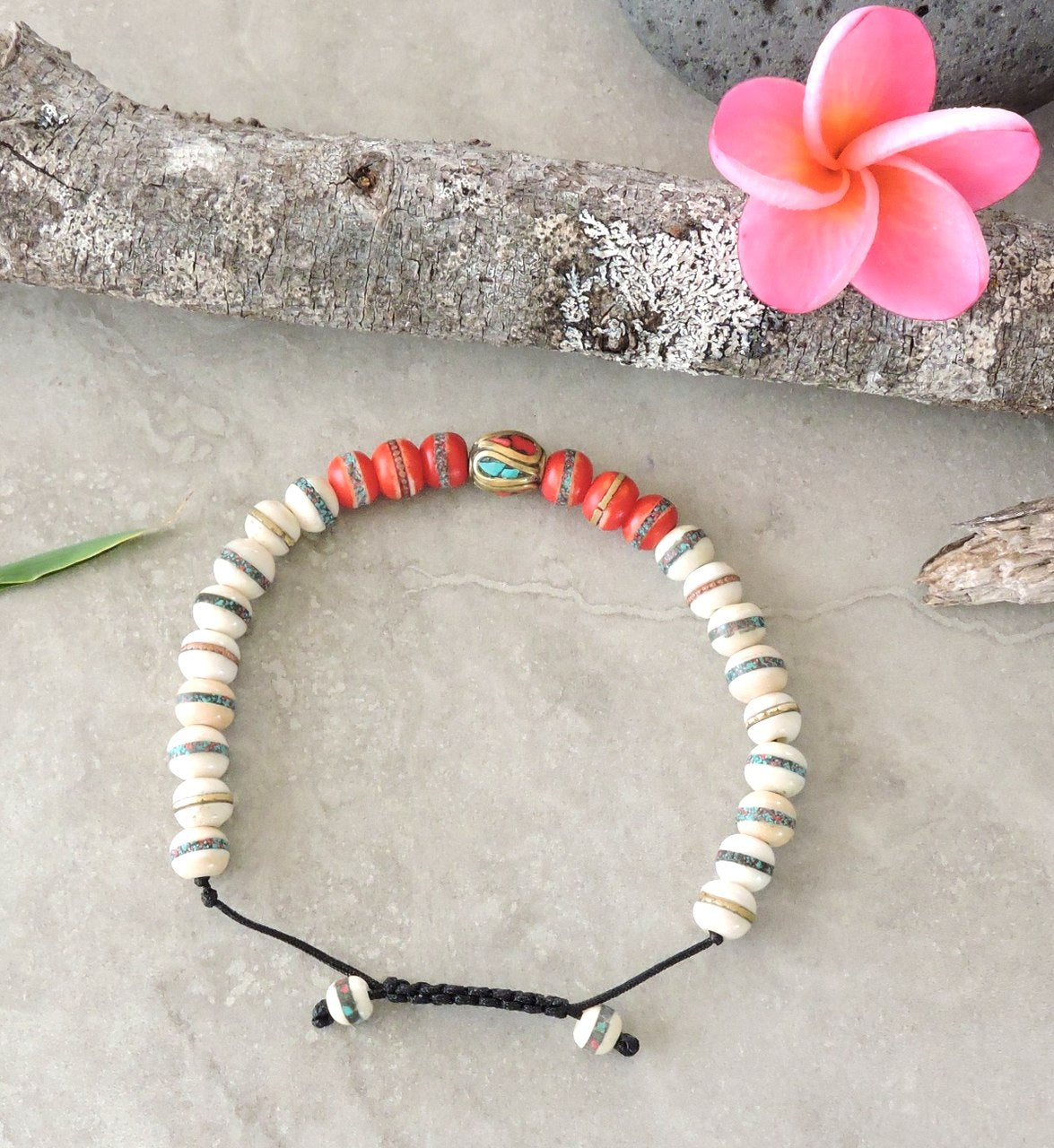 Tibetan Embedded Yak Bone Medicine Healing Wrist Mala for Meditation - White/Red/Multi-Bead