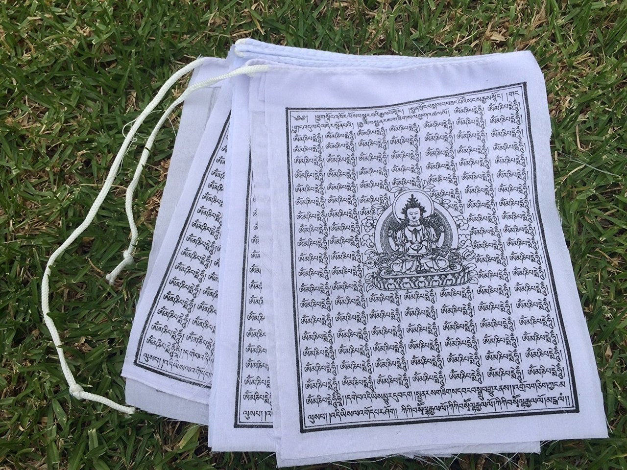 Buddha of Compassion Tibetan Prayer Flags From Nepal - Solid White Color (Set of 10 Flags)