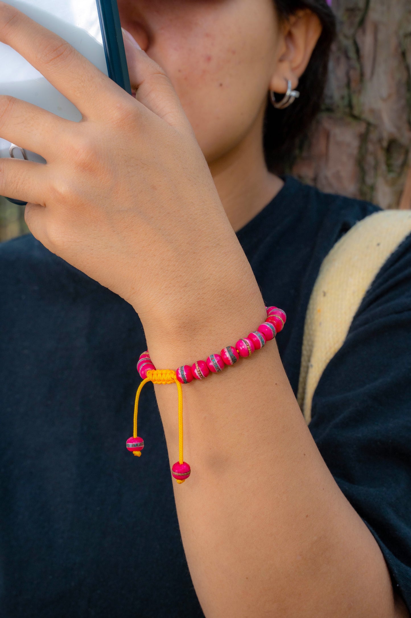 Embedded Medicine Bracelet Yoga Healing Beads Adjustable Wrist Mala Fuchsia Pink