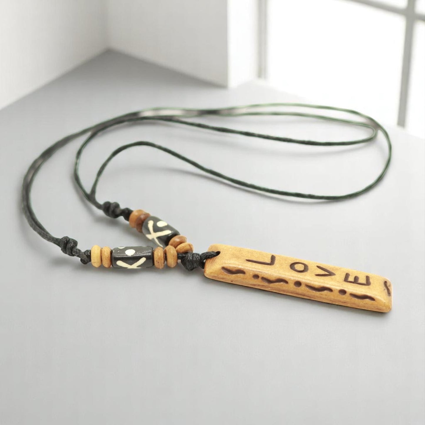 Handmade Love Message Bone Pendant For Men Or Women Boho Necklace