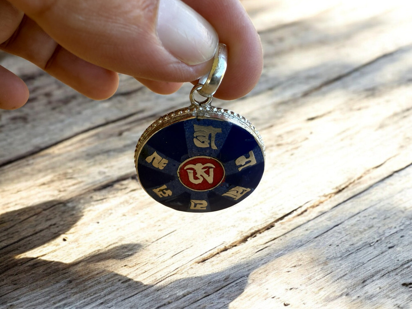 Handmade Tibetan Buddha of Compassion Om Mani Pendant From Nepal (Lapis)