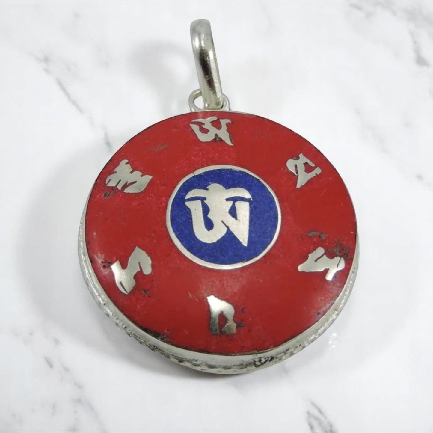 Handmade Tibetan Om Mani Coral and Lapis Pendant