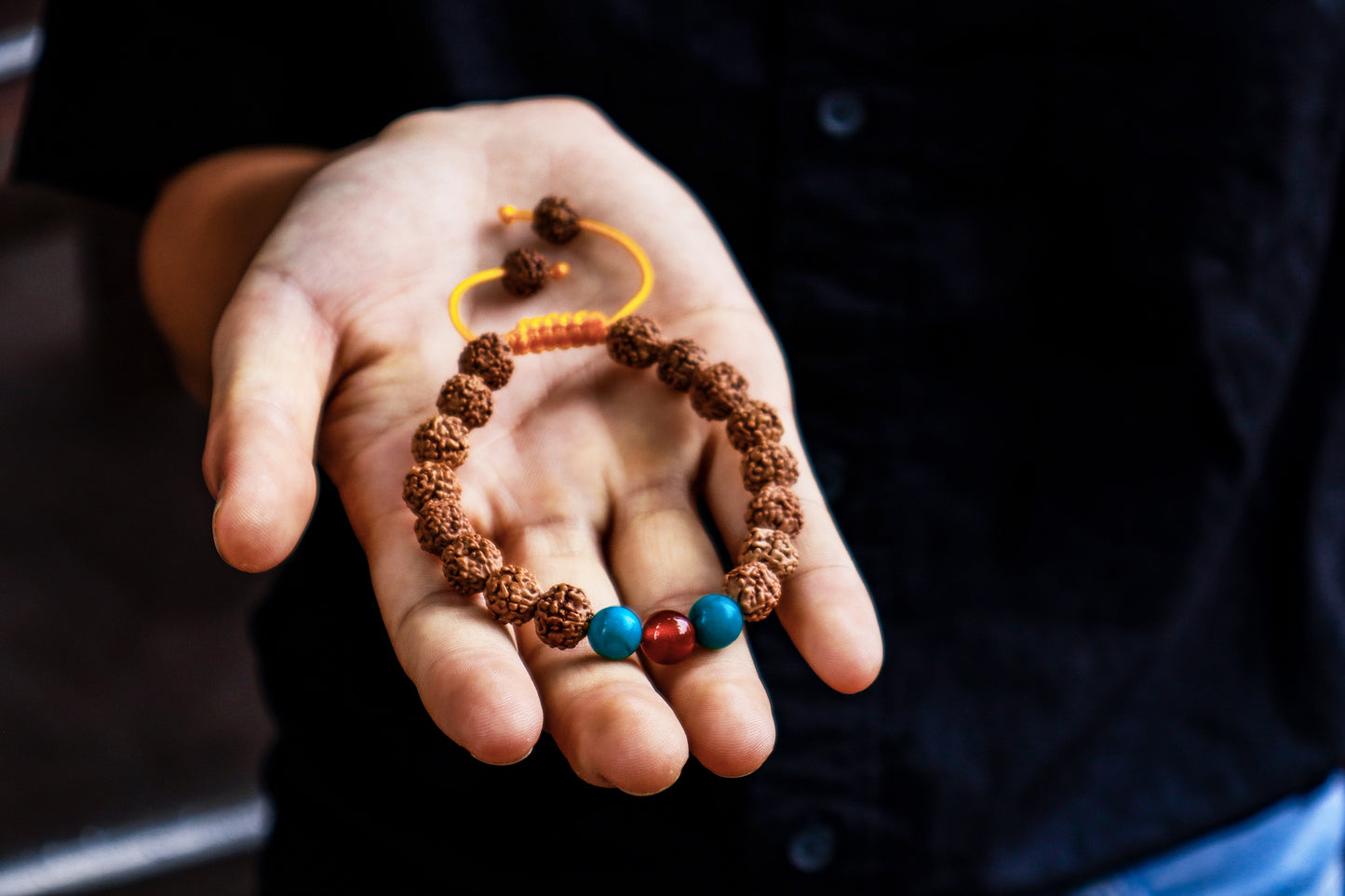 Rudraksha Seed Wrist Mala/Yoga Bracelet with Carnelian and Turquoise