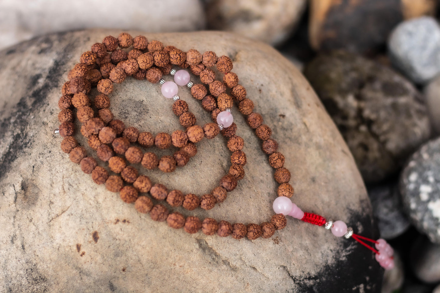 Rudraksha 108 Mala with Rose Quartz Spacers