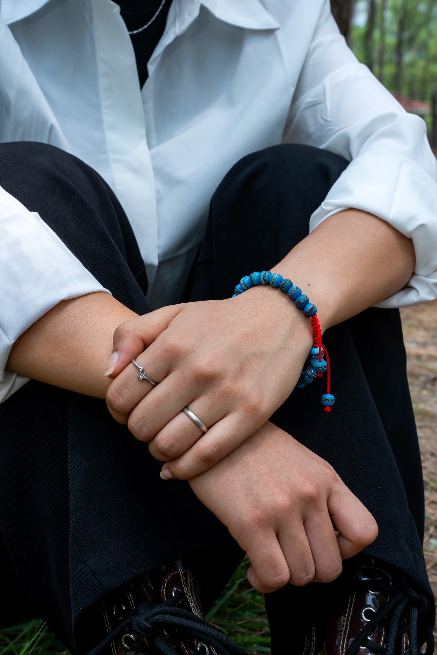 Tibetan Embedded Yak Bone Medicine Healing Wrist Mala for Meditation - Sky Blue