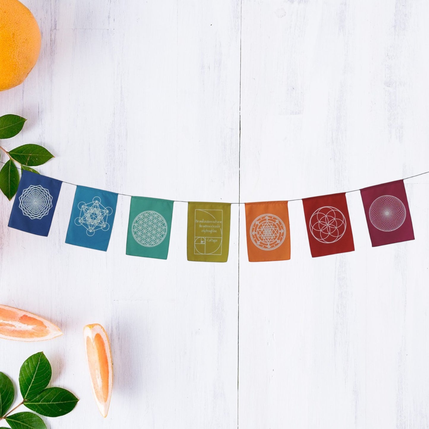 Sacred Geometry Prayer Flags Positive Energy Shri Yantra flower of life, 6X8"