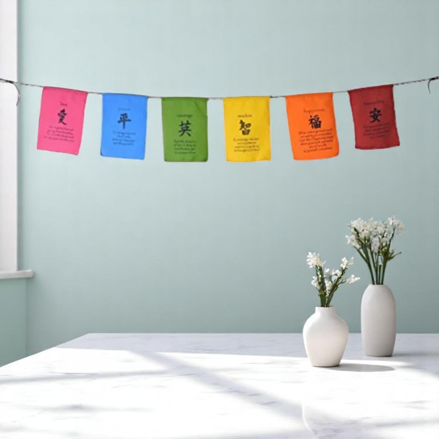 Tibetan Affirmation prayer flags-Peace, Happiness, Courage, Love, Tranquility,