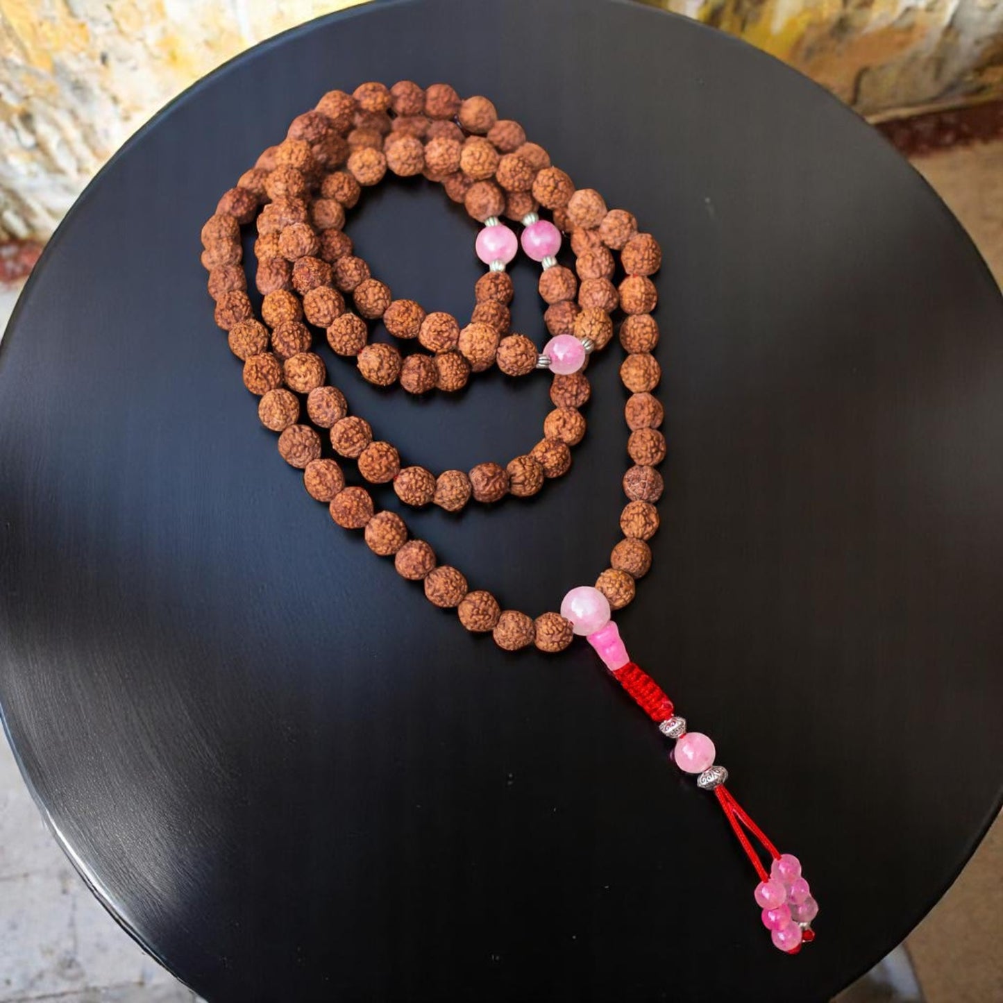 Rudraksha 108 Mala with Rose Quartz Spacers