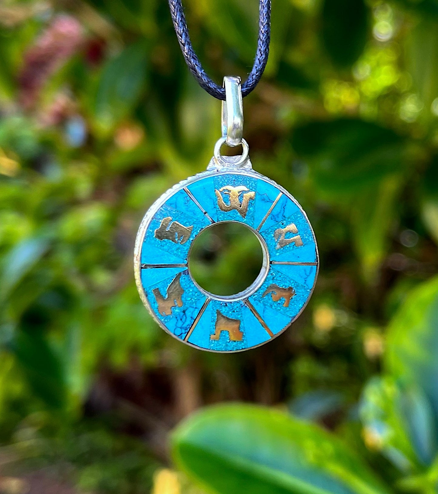 Circle Om Mani Turquoise and Brass Pendant