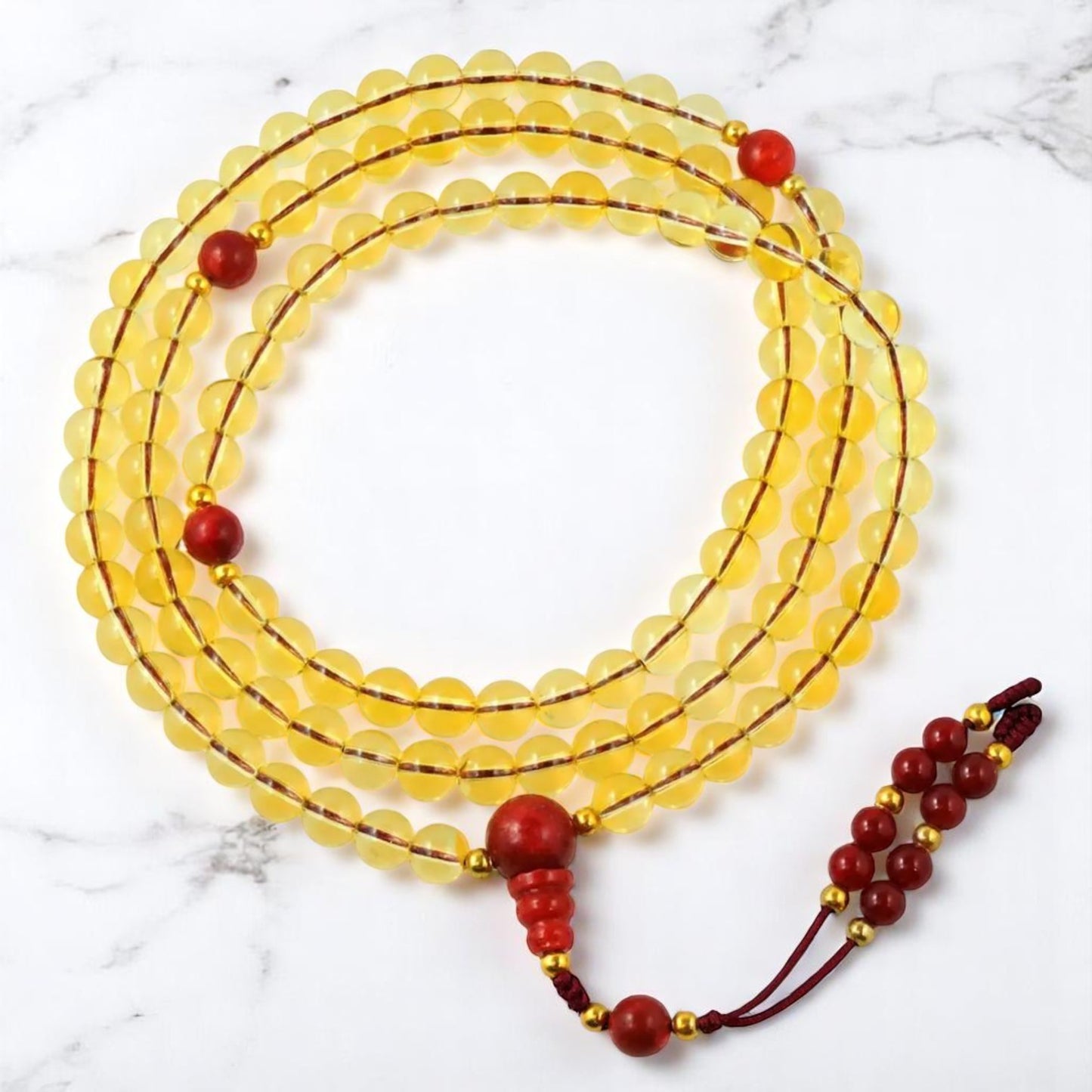 Citrine and Coral Sunrise 108 Bead Tibetan Mala with for Meditation