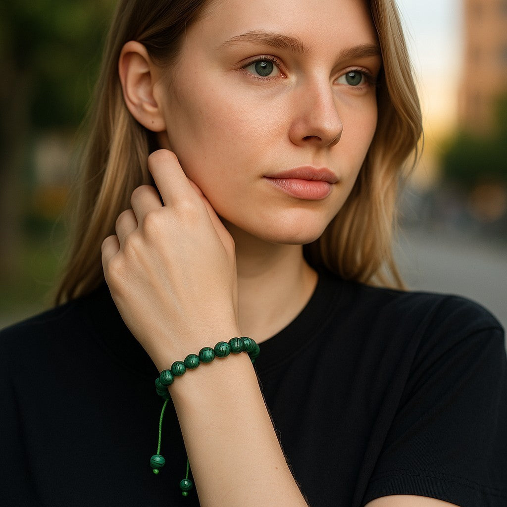 Hands Of Tibet Pressed Malachite Wrist mala Yoga Healing Beads Bracelet for Meditation (Plain)