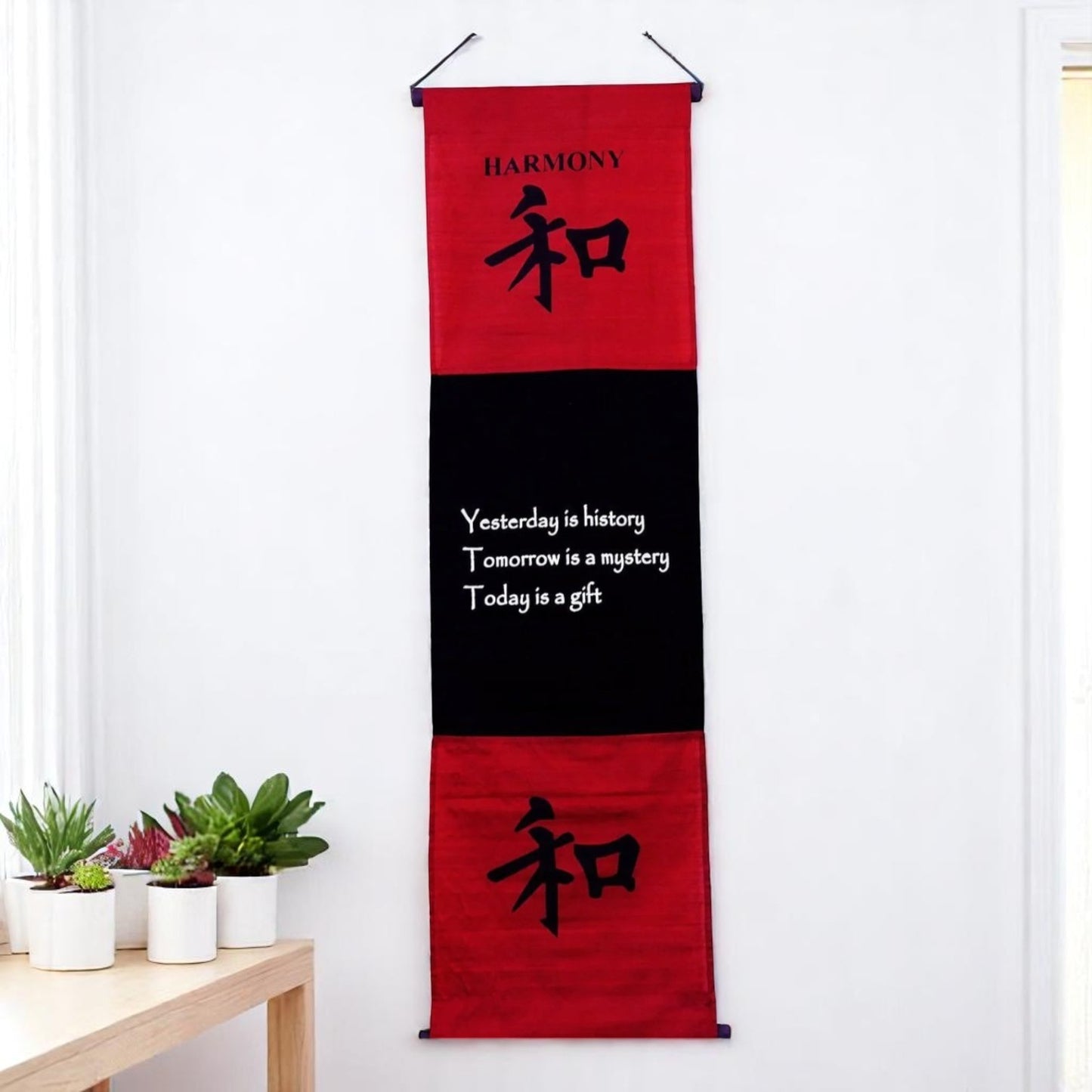 Large Cotton Harmony Inspirational Yoga Banner Scroll Style (Burgundy)
