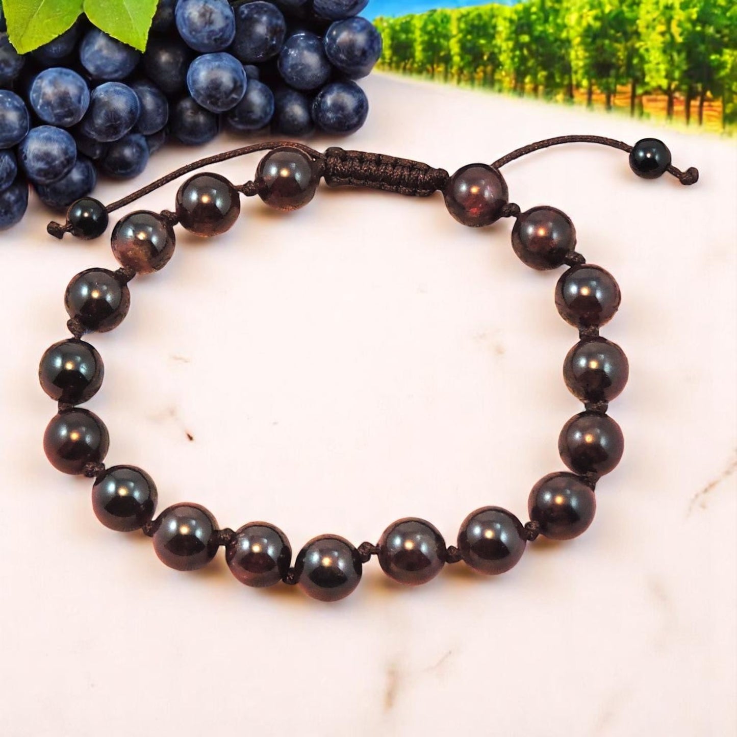 Tibetan individually knotted adjustable wrist mala bracelet Garnet brown cord