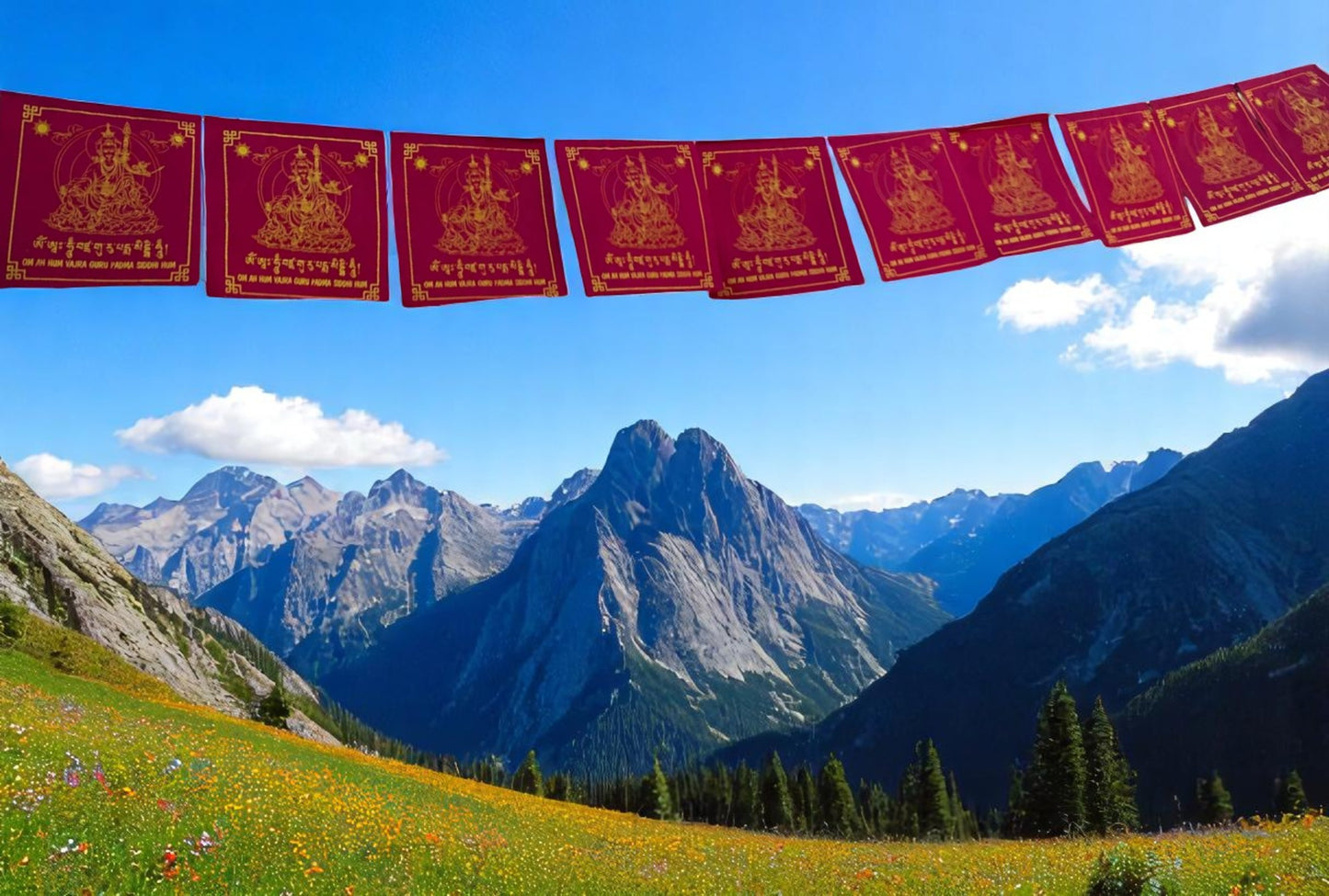 Large Handmade Guru Rinpoche Prayer Flags Solid Red Color