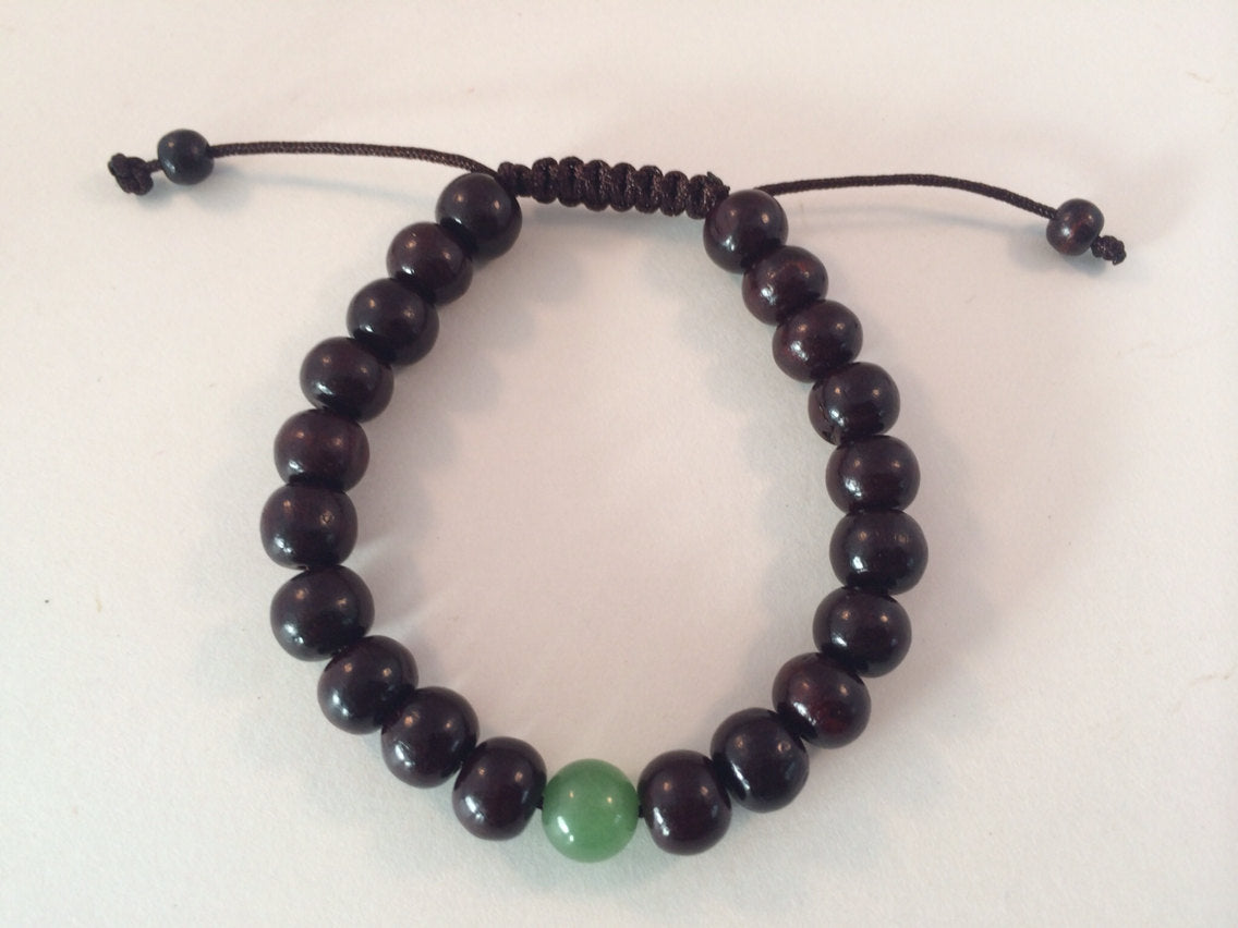 Dark Rosewood Tibetan Wrist Mala Bracelet with Green Jade Spacer