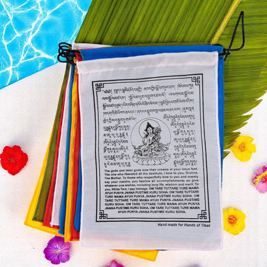 Handmade White Tara Prayer Flags with English Translation (6X8)