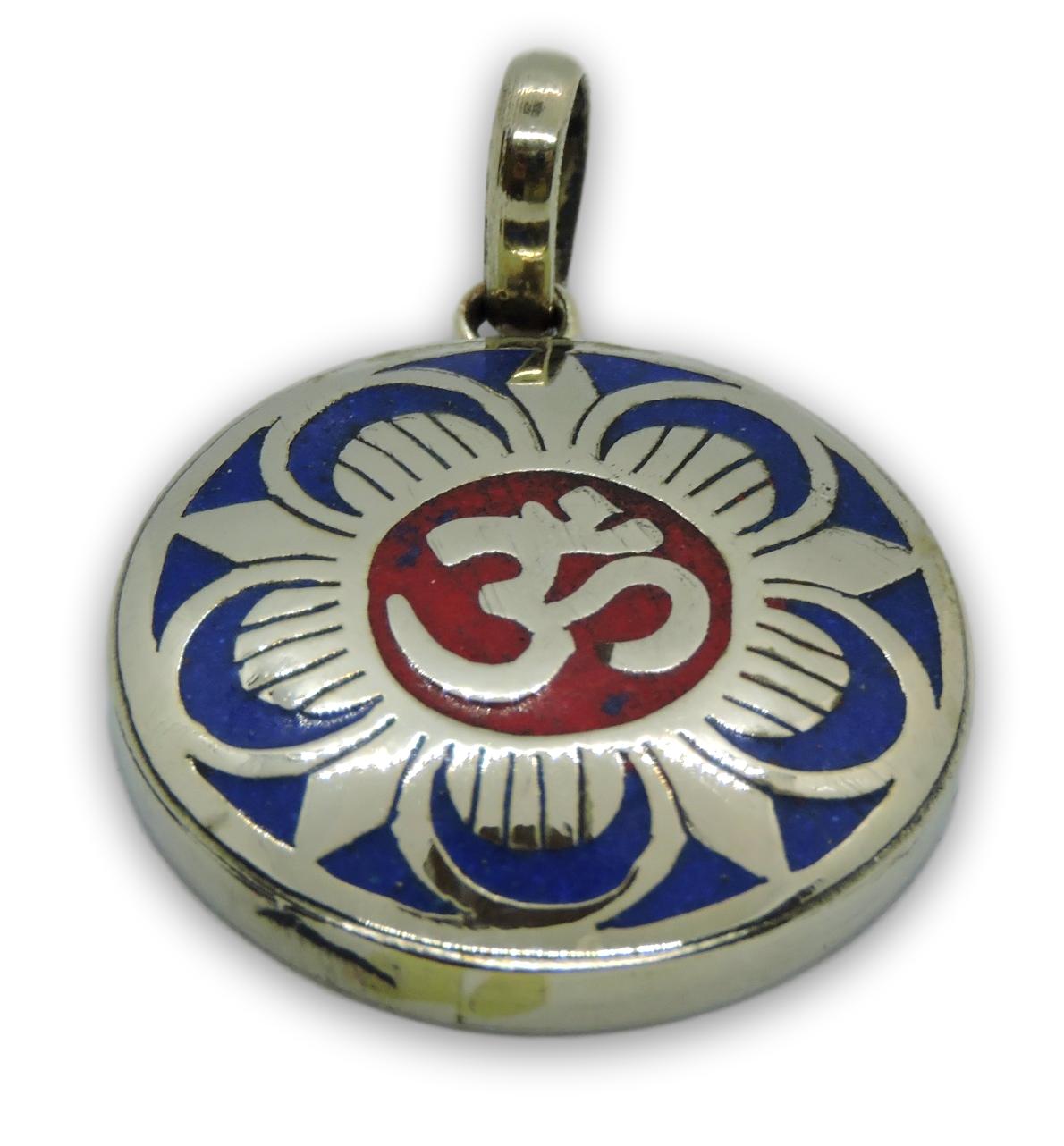 Handmade Tibetan Turquoise, Coral, Lapis Om Pendant from Nepal (Flower Om)