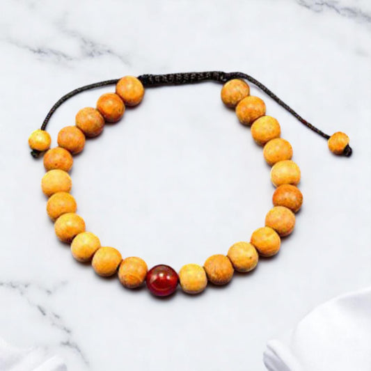 Wood Bead Wrist Malas Bracelet for meditation with Carnelian spacer