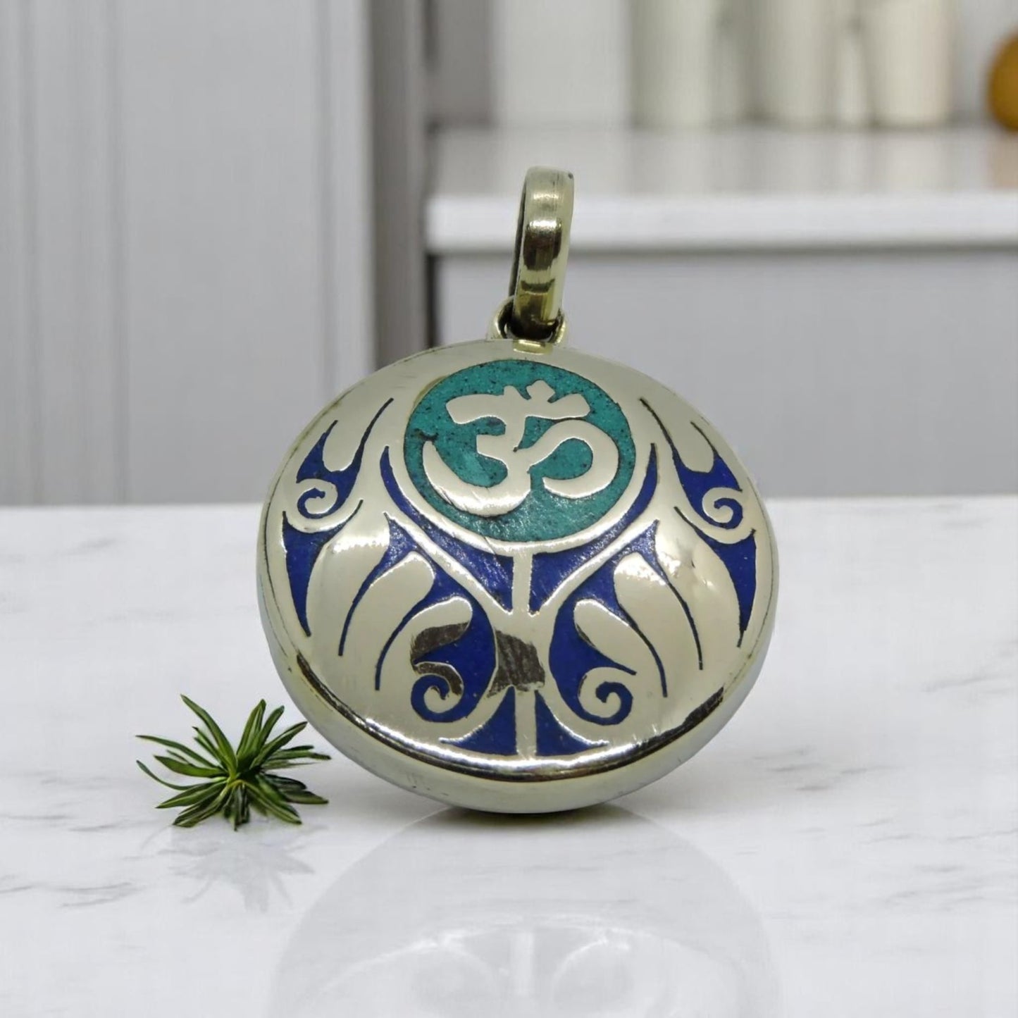 Handmade Tibetan Turquoise, Coral, Lapis Om Pendant from Nepal (Turquoise Om)
