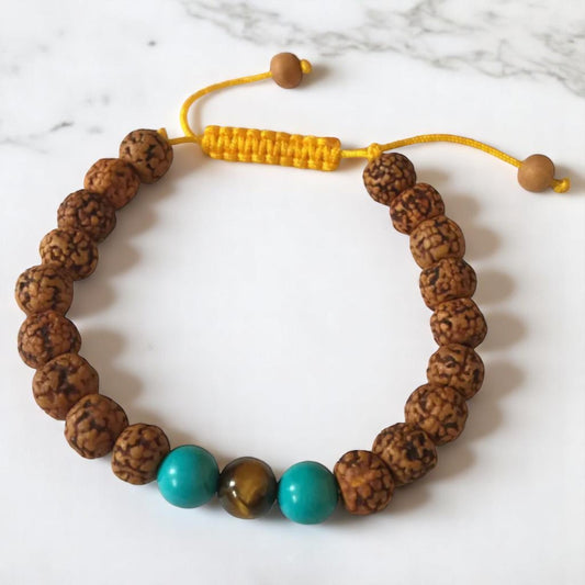 Rudraksha Tibetan Wrist Mala Yoga Bracelet with Turquoise and Tiger Eye Spacers