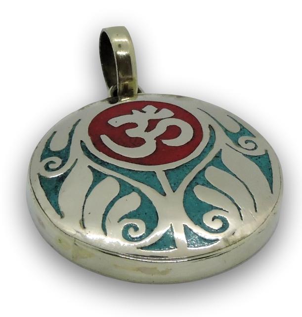 Handmade Tibetan Turquoise, Coral, Lapis Om Pendant from Nepal (Coral Om)