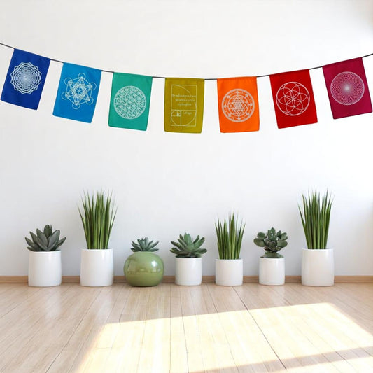 Sacred Geometry Prayer Flags Positive Energy Shri Yantra flower of life, 9X12"