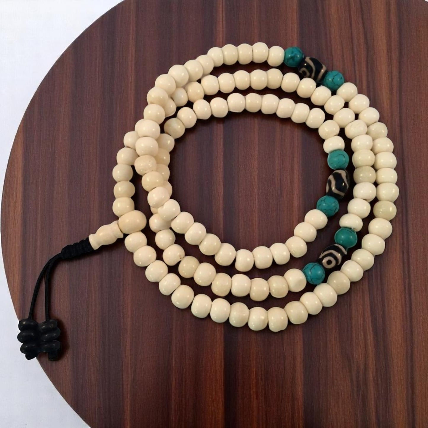 Yak bone mala 108 beads with two eye dzi