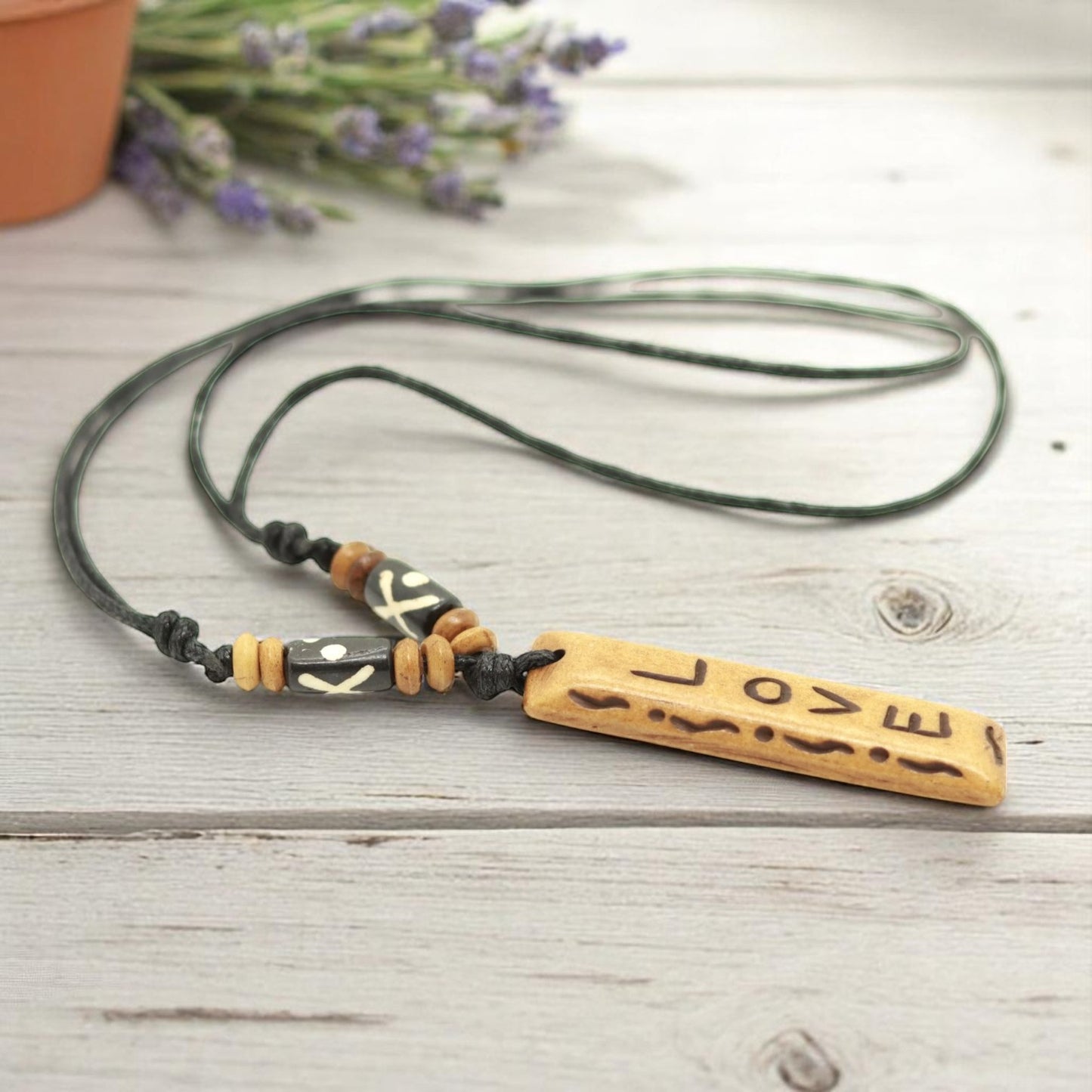 Handmade Love Message Bone Pendant For Men Or Women Boho Necklace