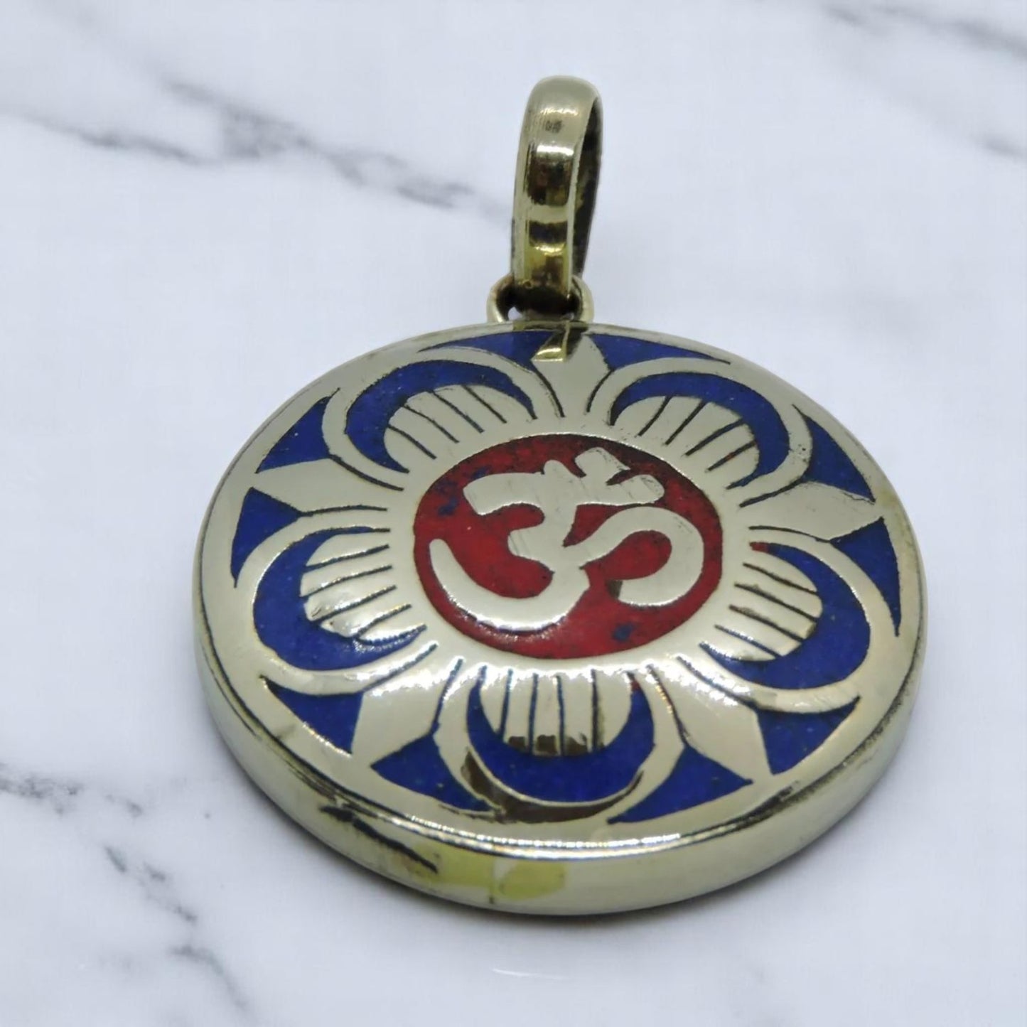 Handmade Tibetan Turquoise, Coral, Lapis Om Pendant from Nepal (Flower Om)