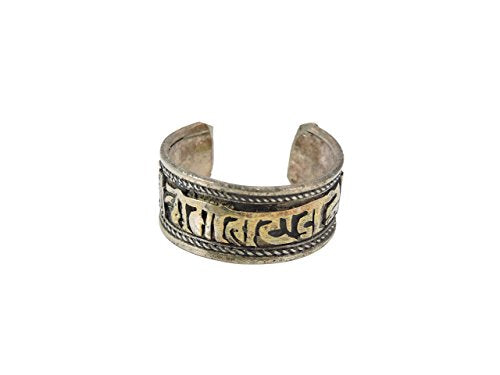 Handmade Tibetan Three Metal, White Metal Dzi Bead Healing Ring (Compassionate Mantra)