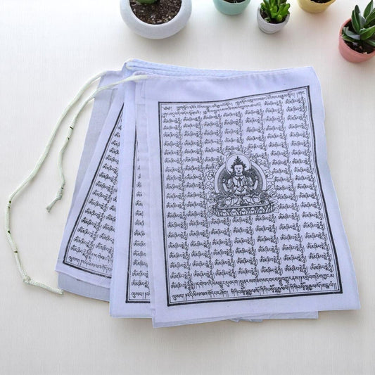 Buddha of Compassion Tibetan Prayer Flags From Nepal - Solid White Color (Set of 10 Flags)