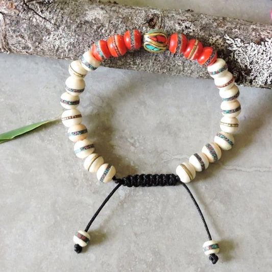 Tibetan Embedded Yak Bone Medicine Healing Wrist Mala for Meditation - White/Red/Multi-Bead