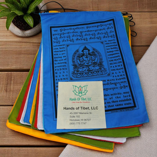 Handmade Buddha of Compassion Prayer flags with English Translation (9x12)
