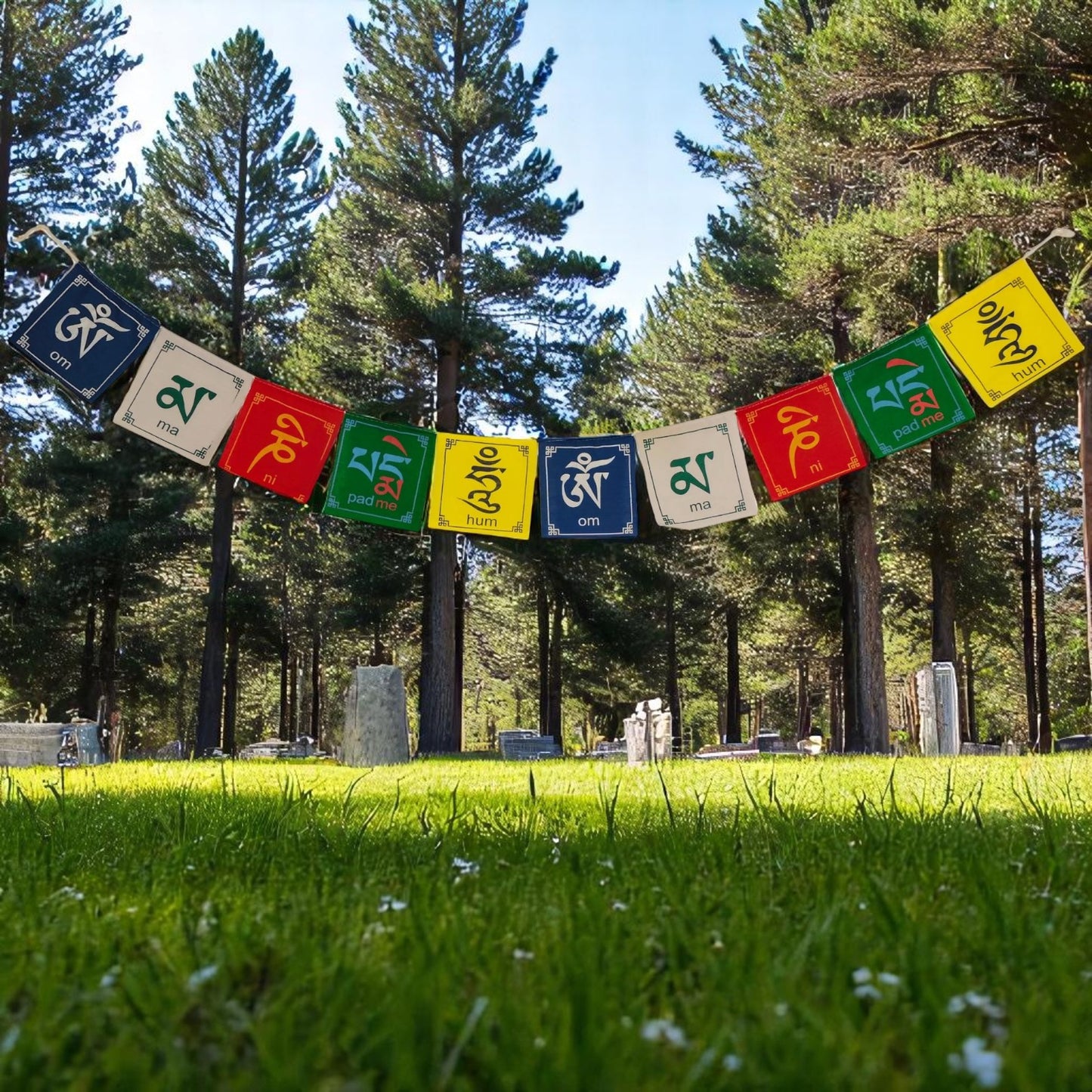Buddha of Compassion Tibetan Prayer Flags Om Mani Padme Hum Set of 10