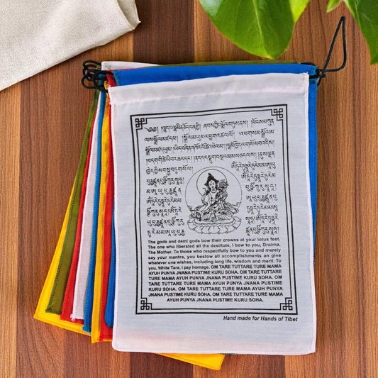 Handmade White Tara Prayer Flags with English Translation ( 9X12)