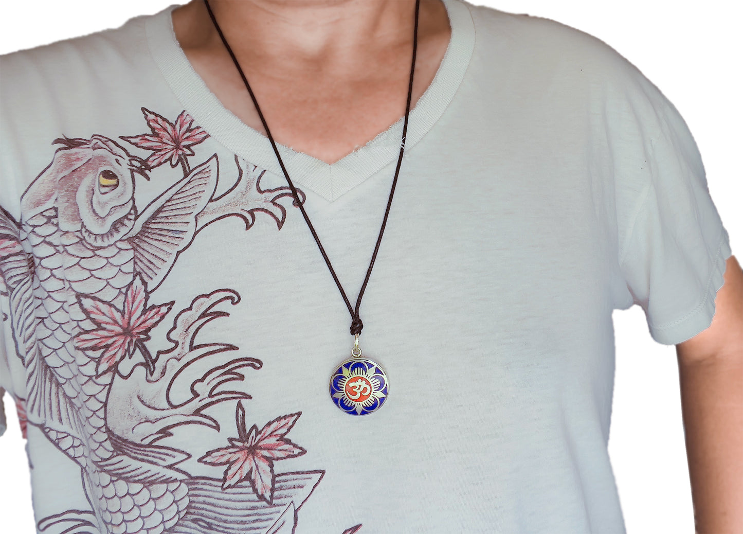 Handmade Tibetan Turquoise, Coral, Lapis Om Pendant from Nepal (Flower Om)