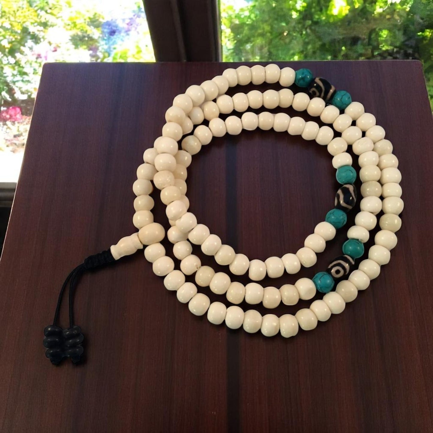 Yak bone mala 108 beads with two eye dzi